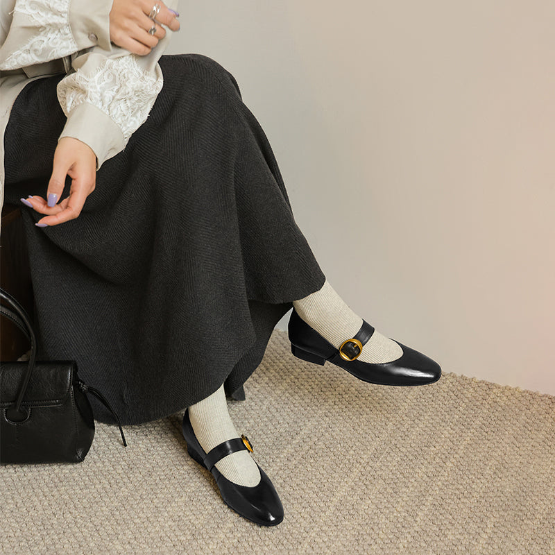 Chaussures Mary Jane à boucle en cuir faites à la main en noir/abricot