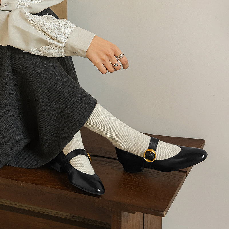 Chaussures Mary Jane à boucle en cuir faites à la main en noir/abricot