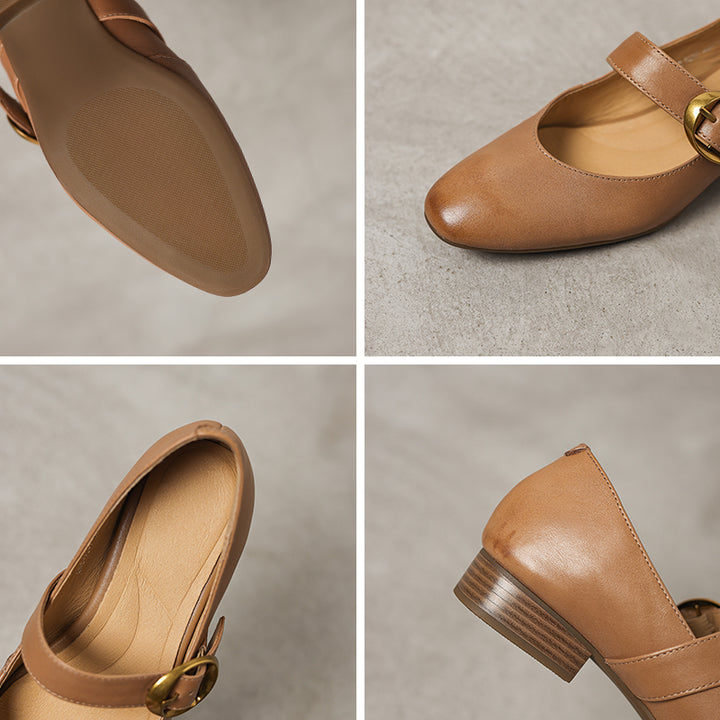 Chaussures Mary Jane à boucle en cuir faites à la main en noir/abricot