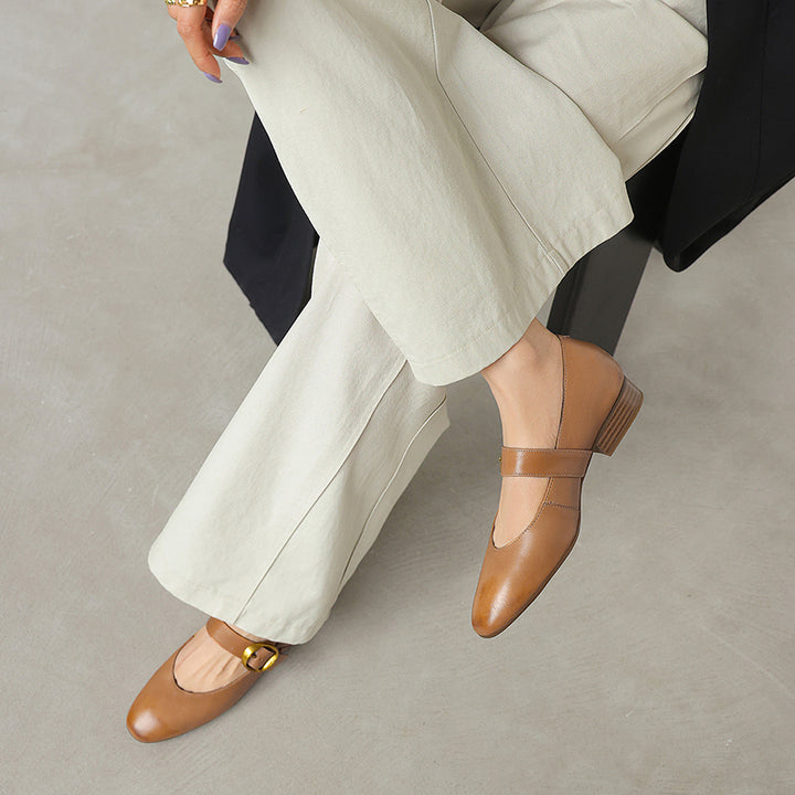 Chaussures Mary Jane à boucle en cuir faites à la main en noir/abricot