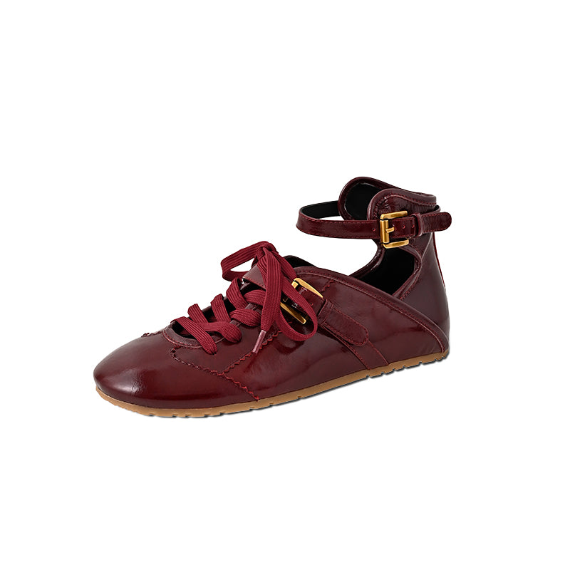 Ballerines Mary Jane style entraîneur allemand rétro, chaussures en cuir à bride de cheville en marron/beige/rouge