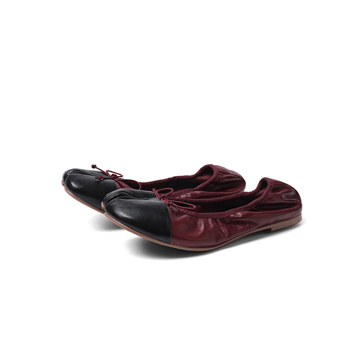Ballerines Tabi à bout fendu avec nœud, chaussures en cuir de mouton faites à la main en rouge vin/beige
