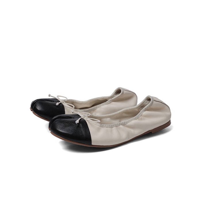 Ballerines Tabi à bout fendu avec nœud, chaussures en cuir de mouton faites à la main en rouge vin/beige