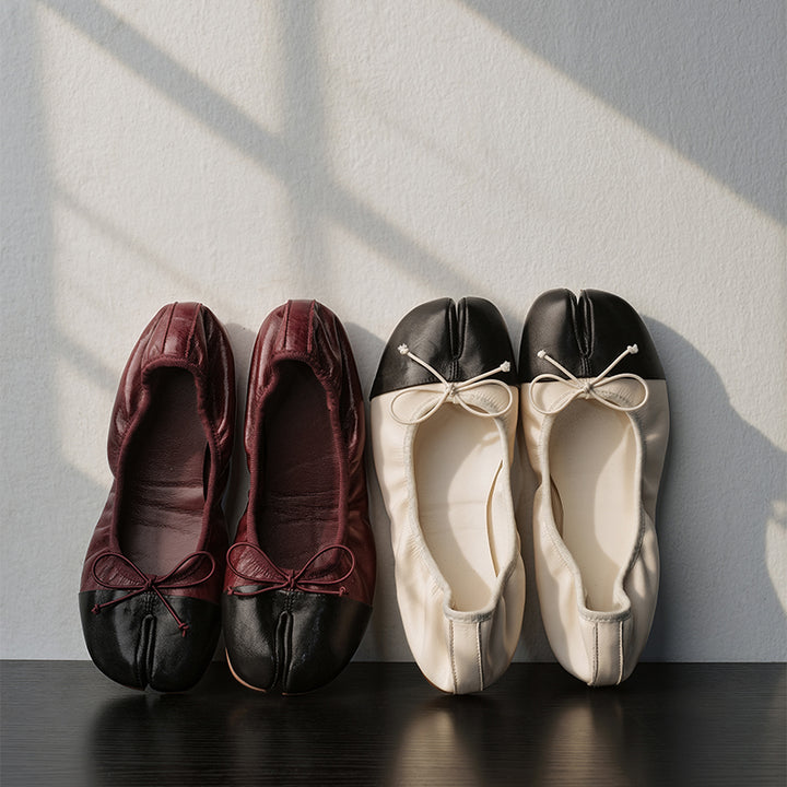 Ballerines Tabi à bout fendu avec nœud, chaussures en cuir de mouton faites à la main en rouge vin/beige