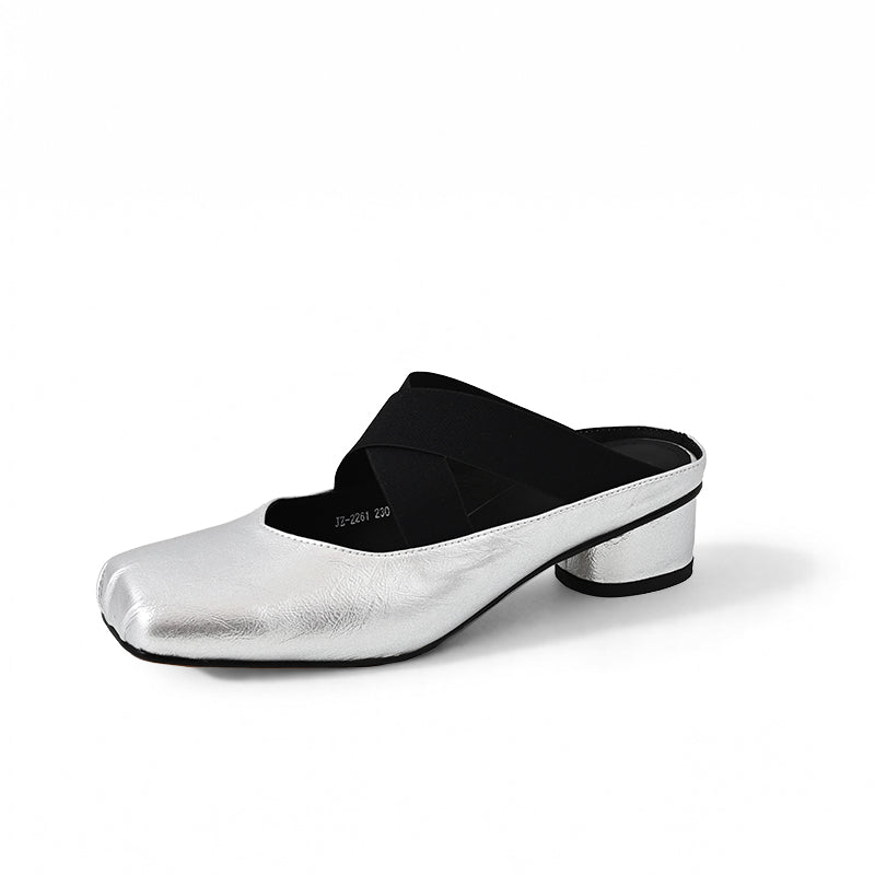 Mules à bout carré Balletcore, sandales à talon bloc en cuir de mouton croisées en argent/beige/noir