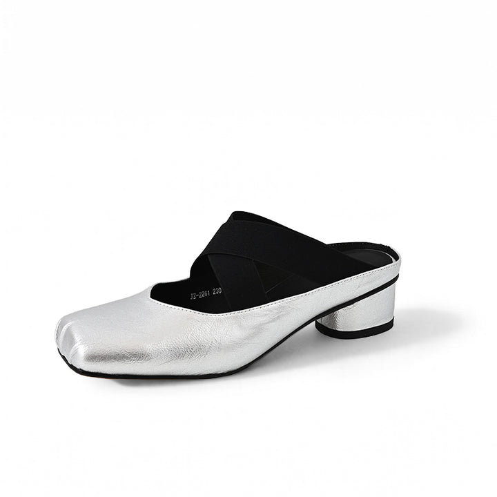 Mules à bout carré Balletcore, sandales à talon bloc en cuir de mouton croisées en argent/beige/noir