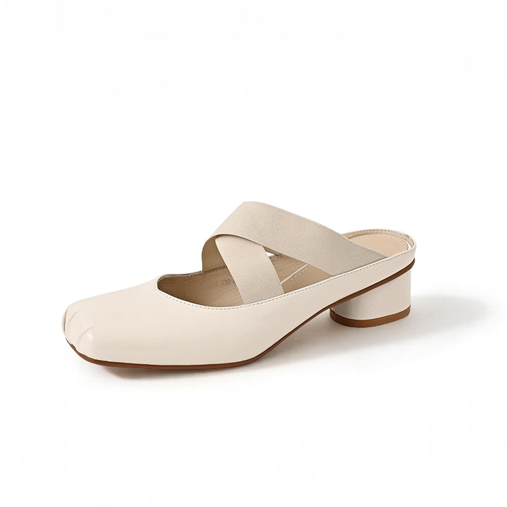 Mules à bout carré Balletcore, sandales à talon bloc en cuir de mouton croisées en argent/beige/noir