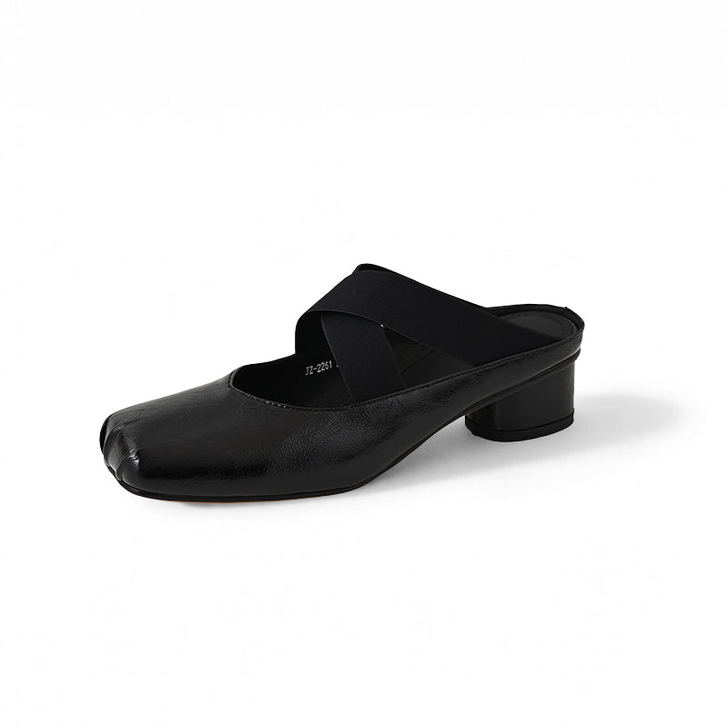 Mules à bout carré Balletcore, sandales à talon bloc en cuir de mouton croisées en argent/beige/noir