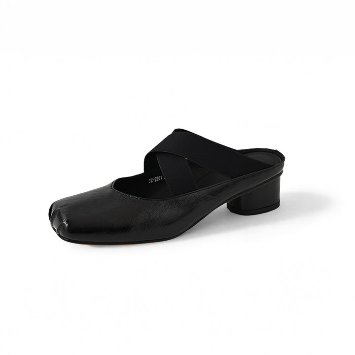 Mules à bout carré Balletcore, sandales à talon bloc en cuir de mouton croisées en argent/beige/noir