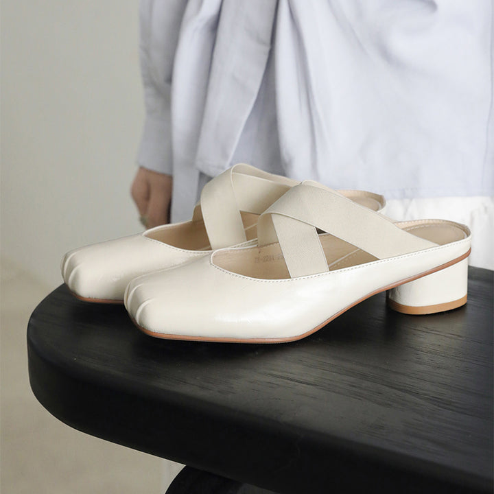 Mules à bout carré Balletcore, sandales à talon bloc en cuir de mouton croisées en argent/beige/noir