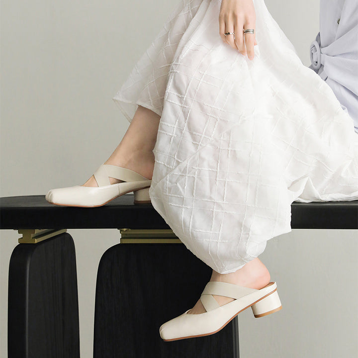Mules à bout carré Balletcore, sandales à talon bloc en cuir de mouton croisées en argent/beige/noir