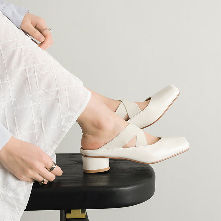 Mules à bout carré Balletcore, sandales à talon bloc en cuir de mouton croisées en argent/beige/noir