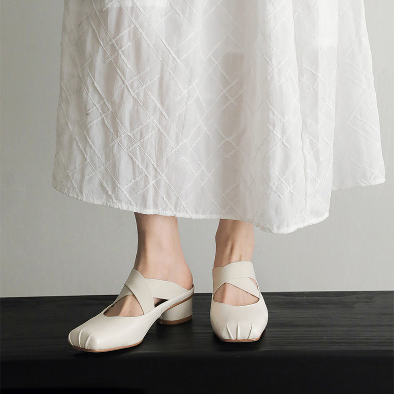 Mules à bout carré Balletcore, sandales à talon bloc en cuir de mouton croisées en argent/beige/noir