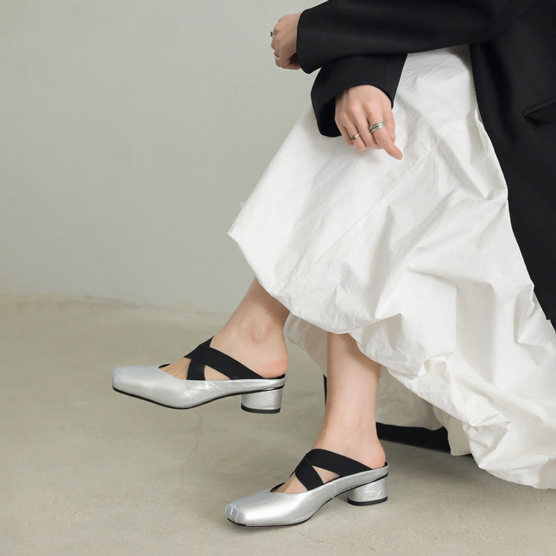 Mules à bout carré Balletcore, sandales à talon bloc en cuir de mouton croisées en argent/beige/noir