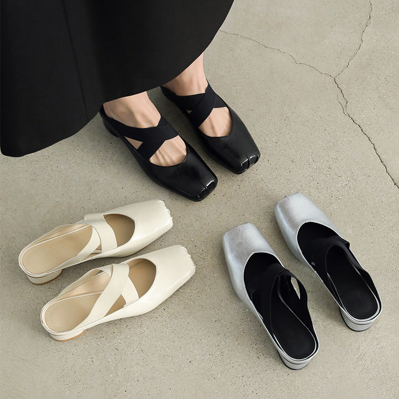 Mules à bout carré Balletcore, sandales à talon bloc en cuir de mouton croisées en argent/beige/noir