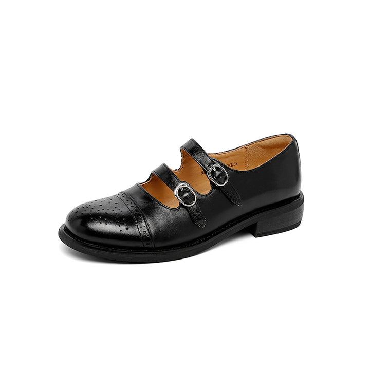 Brogues Mary Jane vintage à double bride, chaussures en cuir style académique faites à la main en beige/noir