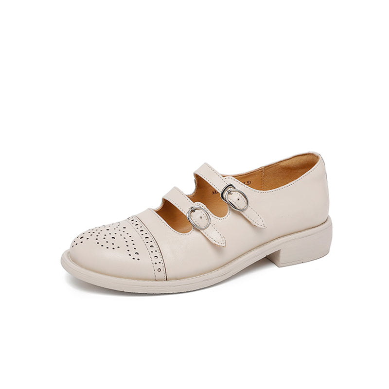 Brogues Mary Jane vintage à double bride, chaussures en cuir style académique faites à la main en beige/noir