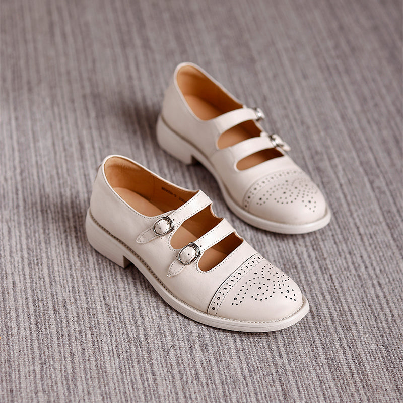 Brogues Mary Jane vintage à double bride, chaussures en cuir style académique faites à la main en beige/noir