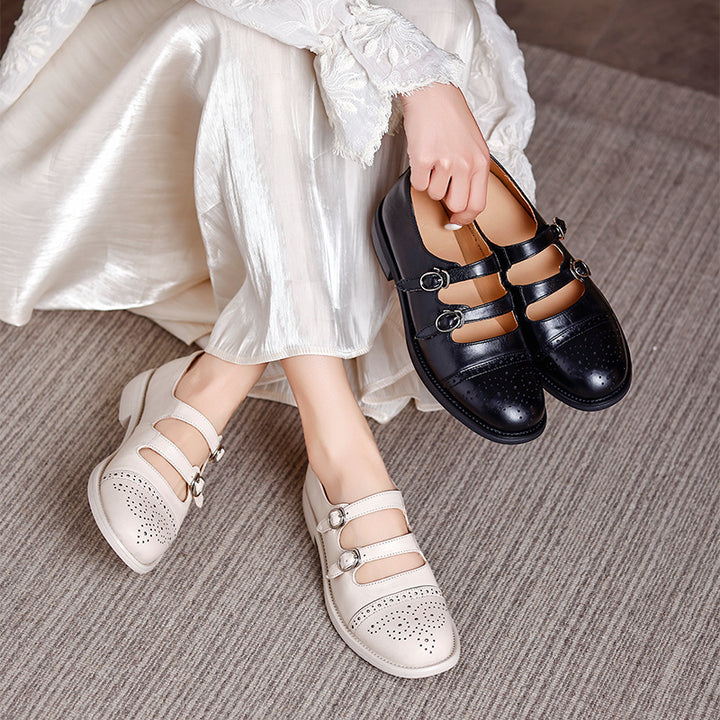 Brogues Mary Jane vintage à double bride, chaussures en cuir style académique faites à la main en beige/noir