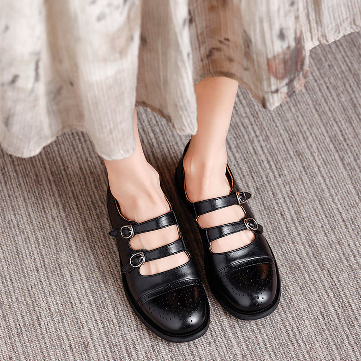 Brogues Mary Jane vintage à double bride, chaussures en cuir style académique faites à la main en beige/noir