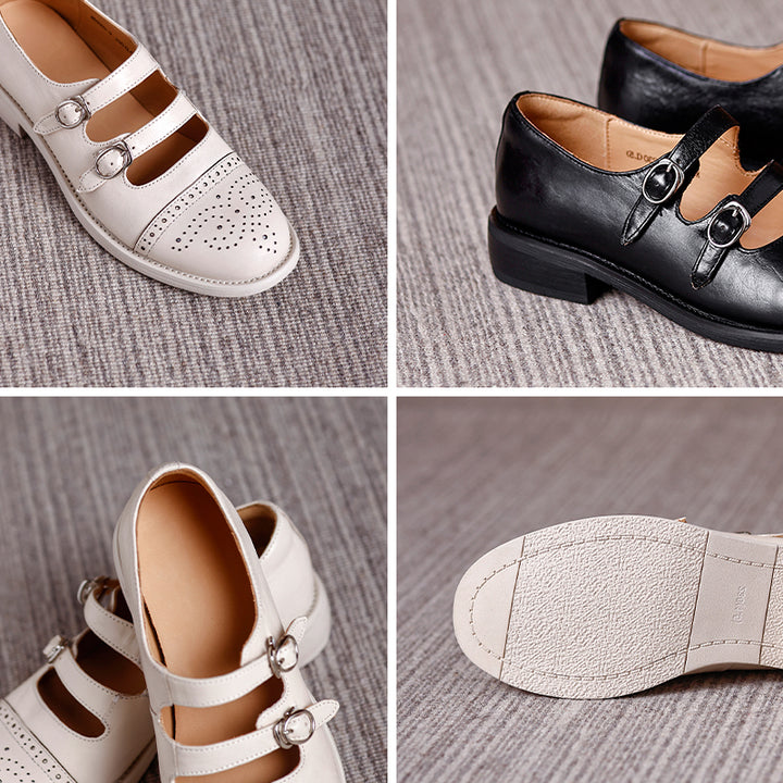 Brogues Mary Jane vintage à double bride, chaussures en cuir style académique faites à la main en beige/noir