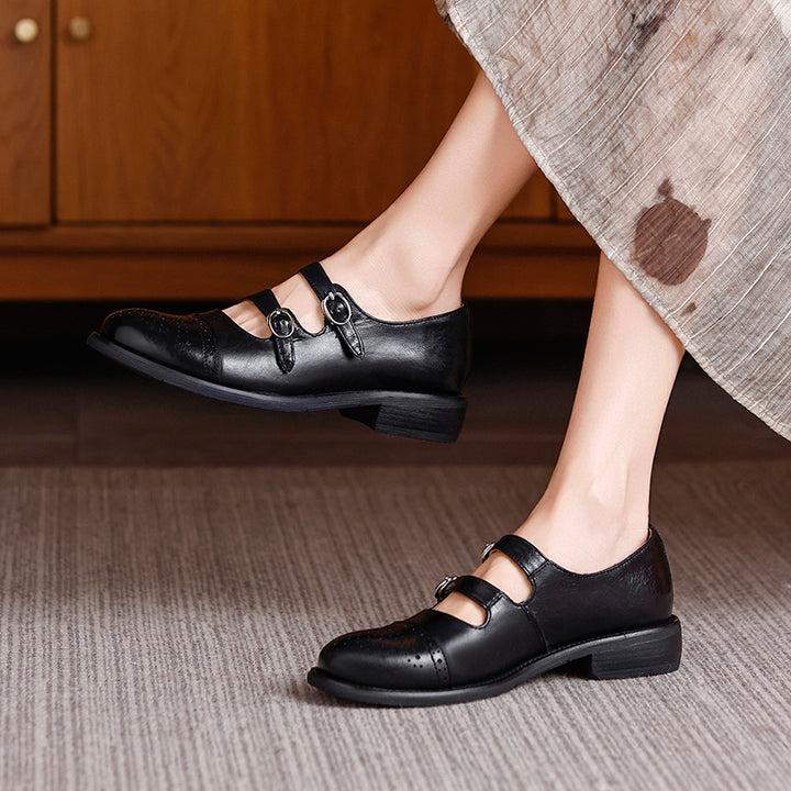 Brogues Mary Jane vintage à double bride, chaussures en cuir style académique faites à la main en beige/noir