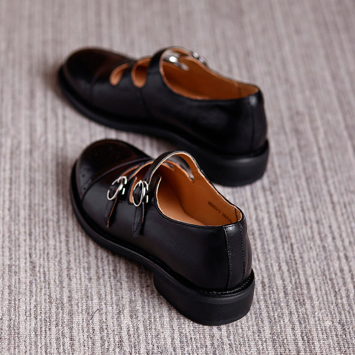 Brogues Mary Jane vintage à double bride, chaussures en cuir style académique faites à la main en beige/noir