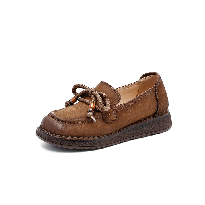 Vintage Mori Girl Leather Loafers Lace-Up Casual Flats for Women in Khaki/Light Grey