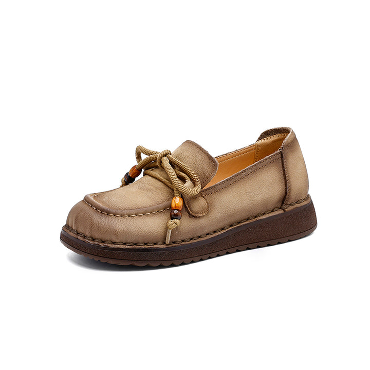 Vintage Mori Girl Leather Loafers Lace-Up Casual Flats for Women in Khaki/Light Grey