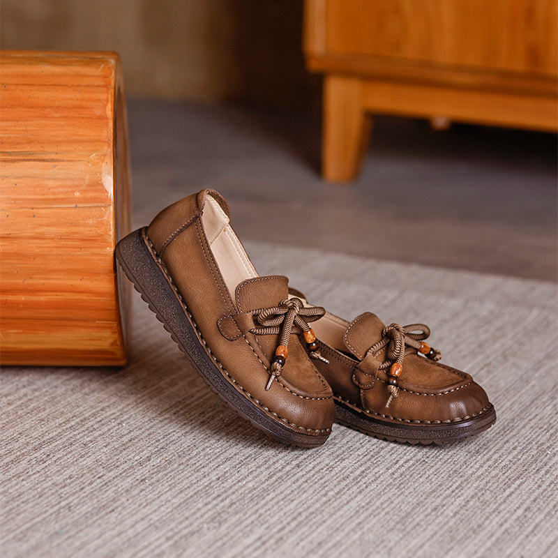 Vintage Mori Girl Leather Loafers Lace-Up Casual Flats for Women in Khaki/Light Grey