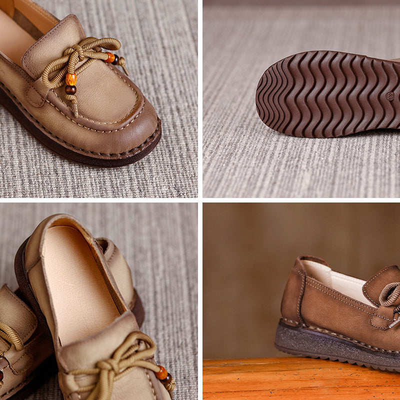Vintage Mori Girl Leather Loafers Lace-Up Casual Flats for Women in Khaki/Light Grey