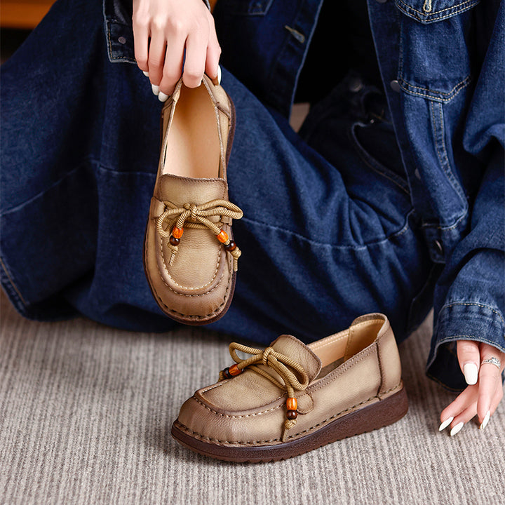 Vintage Mori Girl Leather Loafers Lace-Up Casual Flats for Women in Khaki/Light Grey