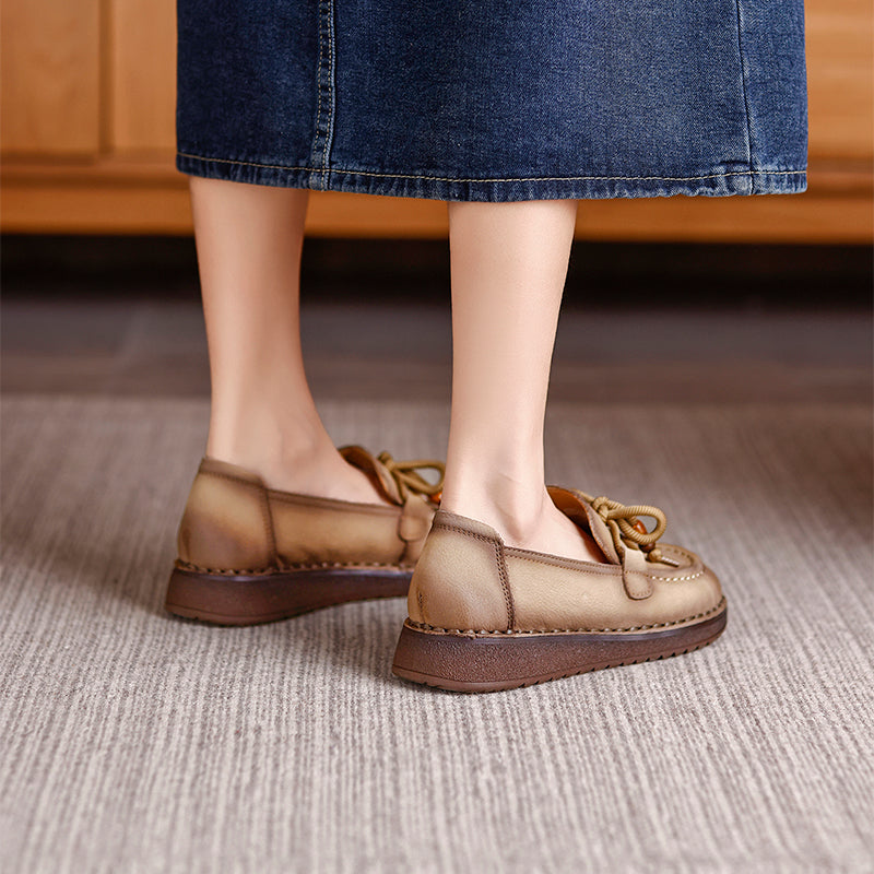 Vintage Mori Girl Leather Loafers Lace-Up Casual Flats for Women in Khaki/Light Grey