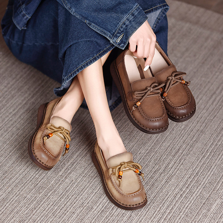 Vintage Mori Girl Leather Loafers Lace-Up Casual Flats for Women in Khaki/Light Grey