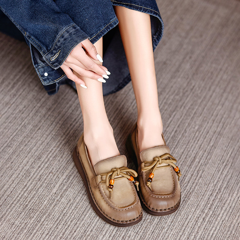 Vintage Mori Girl Leather Loafers Lace-Up Casual Flats for Women in Khaki/Light Grey