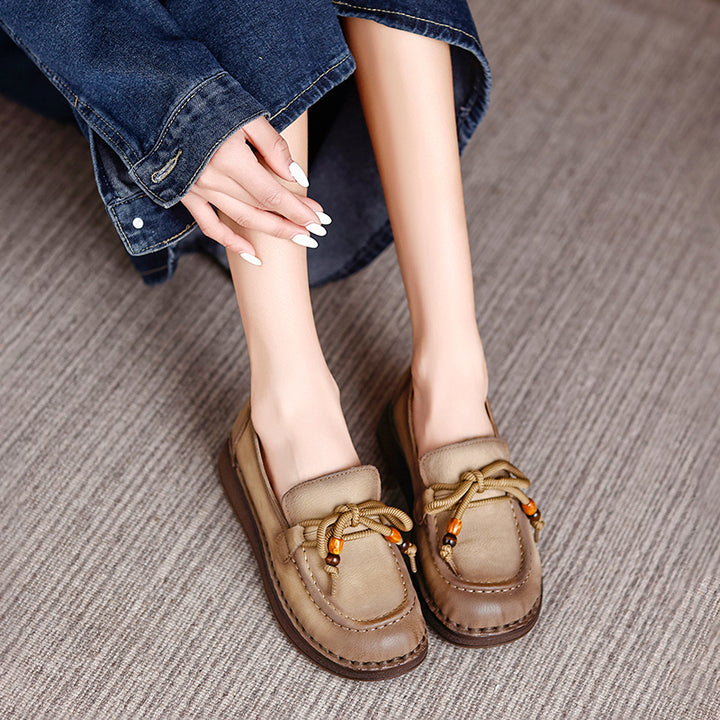 Vintage Mori Girl Leather Loafers Lace-Up Casual Flats for Women in Khaki/Light Grey