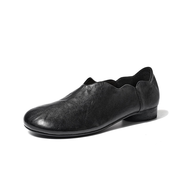 Vintage Handmade Horse Leather Loafers for Women Scalloped Edge Slip-On Flats in Black/Dark Brown