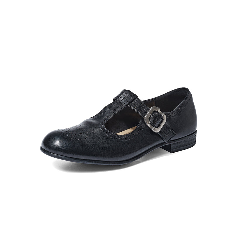 Ballerines Mary Jane à bride T en cuir de cheval faites à la main pour femmes en noir/marron foncé