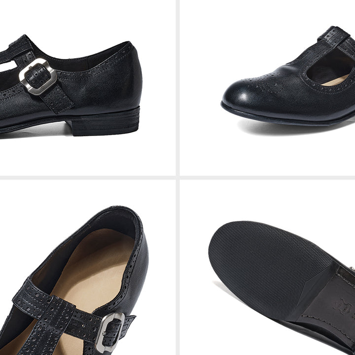 Ballerines Mary Jane à bride T en cuir de cheval faites à la main pour femmes en noir/marron foncé