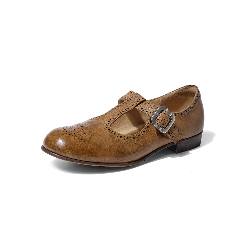 Ballerines Mary Jane à bride T en cuir de cheval faites à la main pour femmes en noir/marron foncé
