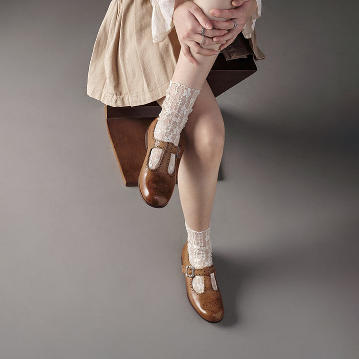 Ballerines Mary Jane à bride T en cuir de cheval faites à la main pour femmes en noir/marron foncé