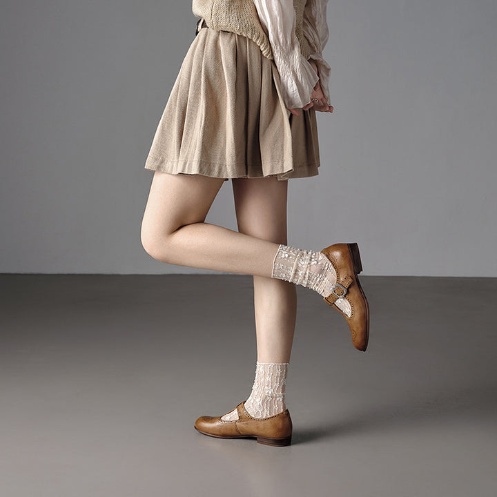 Ballerines Mary Jane à bride T en cuir de cheval faites à la main pour femmes en noir/marron foncé