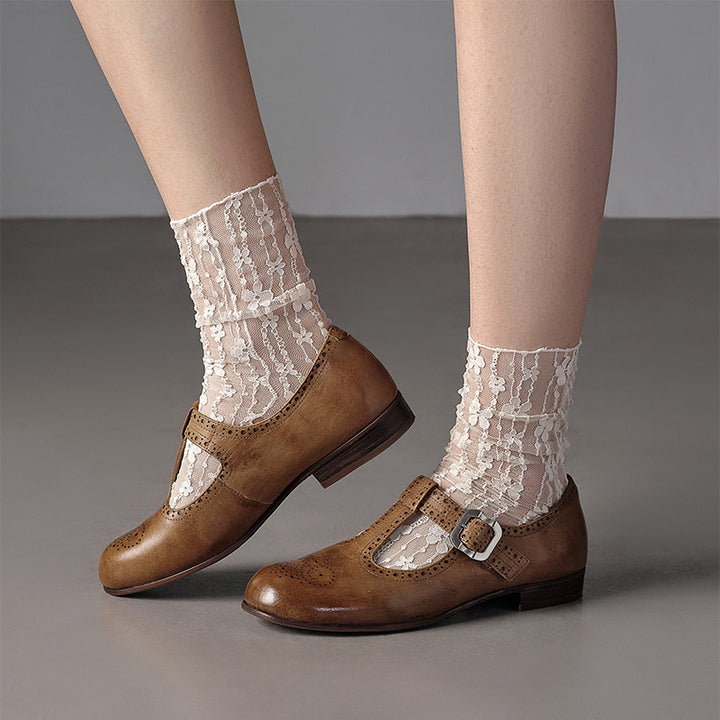 Ballerines Mary Jane à bride T en cuir de cheval faites à la main pour femmes en noir/marron foncé