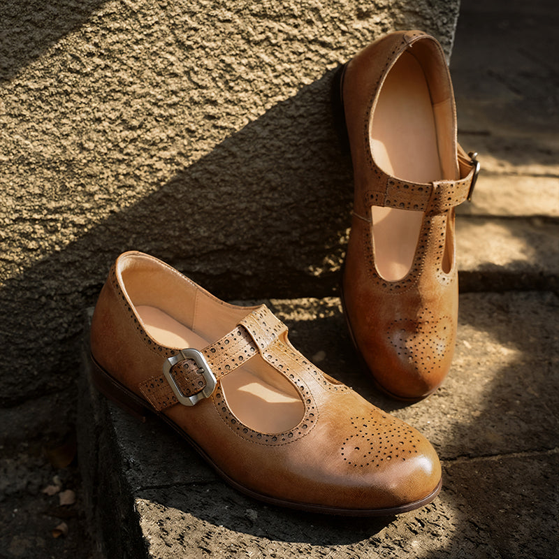 Ballerines Mary Jane à bride T en cuir de cheval faites à la main pour femmes en noir/marron foncé