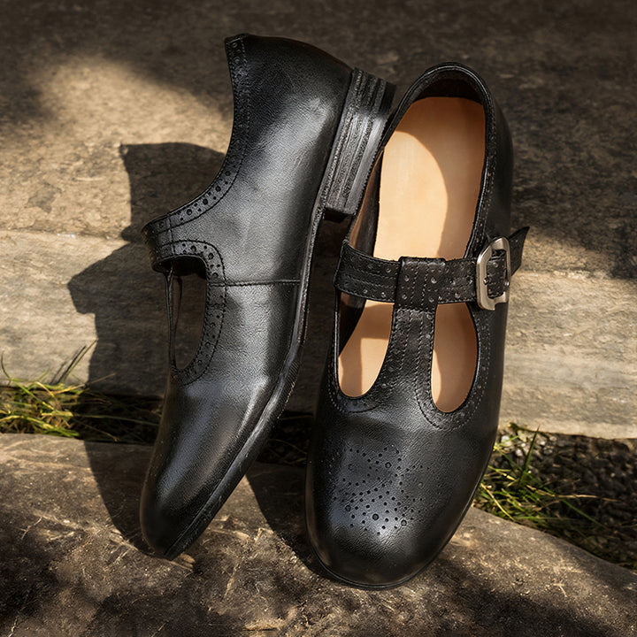 Ballerines Mary Jane à bride T en cuir de cheval faites à la main pour femmes en noir/marron foncé