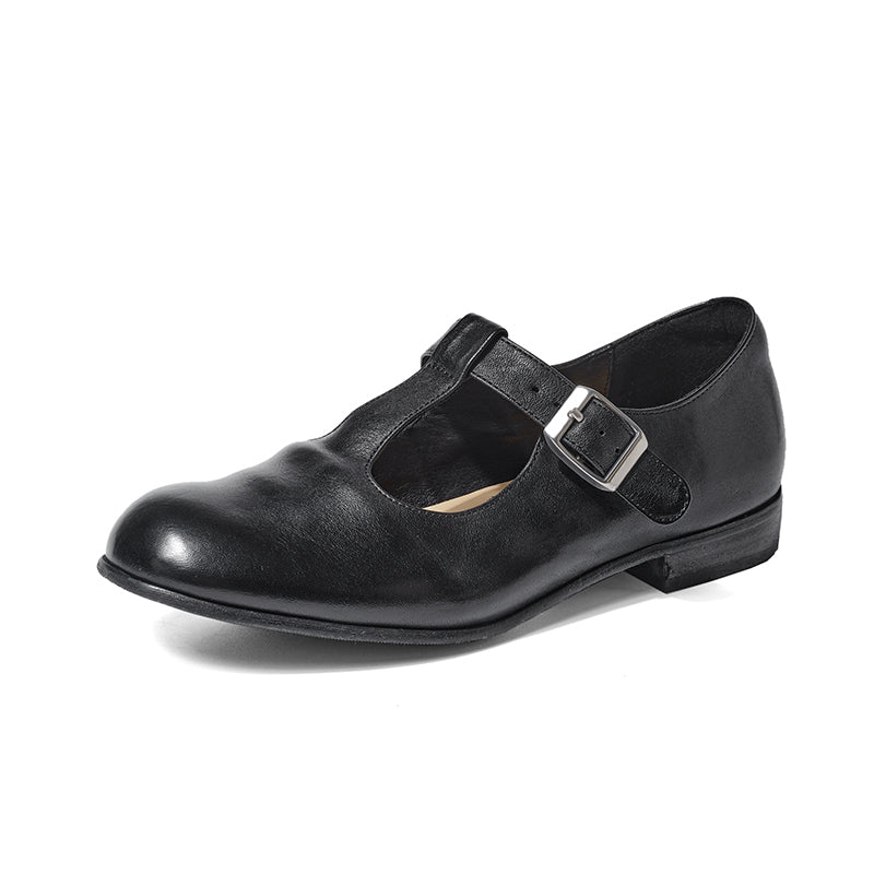 Ballerines Mary Jane à bride T en cuir de cheval faites à la main pour femmes en noir/marron foncé
