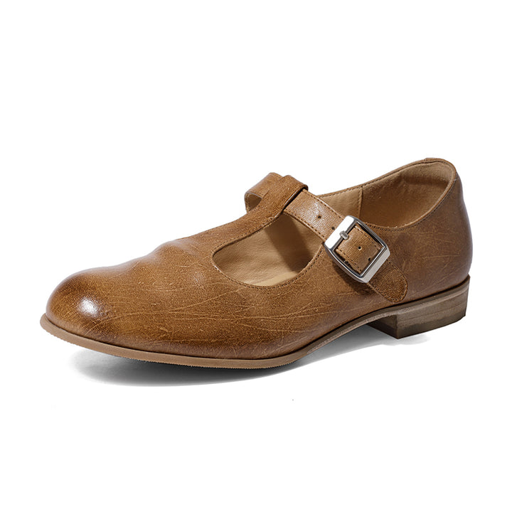 Ballerines Mary Jane à bride T en cuir de cheval faites à la main pour femmes en noir/marron foncé