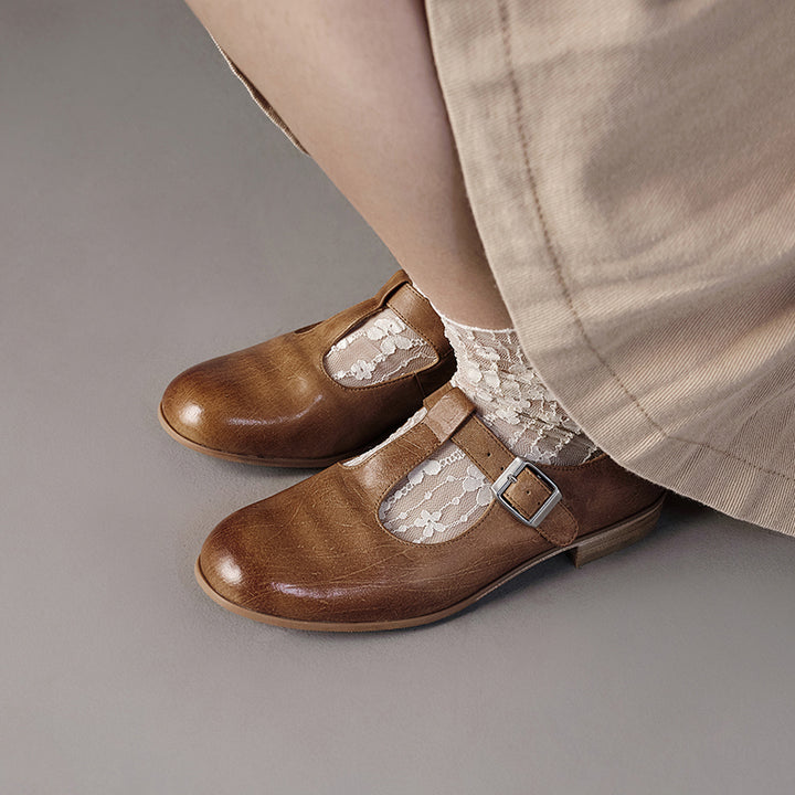 Ballerines Mary Jane à bride T en cuir de cheval faites à la main pour femmes en noir/marron foncé
