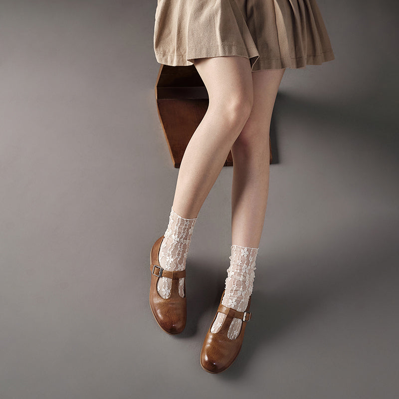 Ballerines Mary Jane à bride T en cuir de cheval faites à la main pour femmes en noir/marron foncé