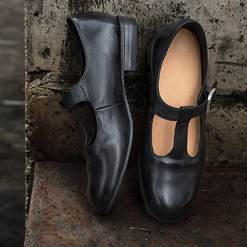 Ballerines Mary Jane à bride T en cuir de cheval faites à la main pour femmes en noir/marron foncé
